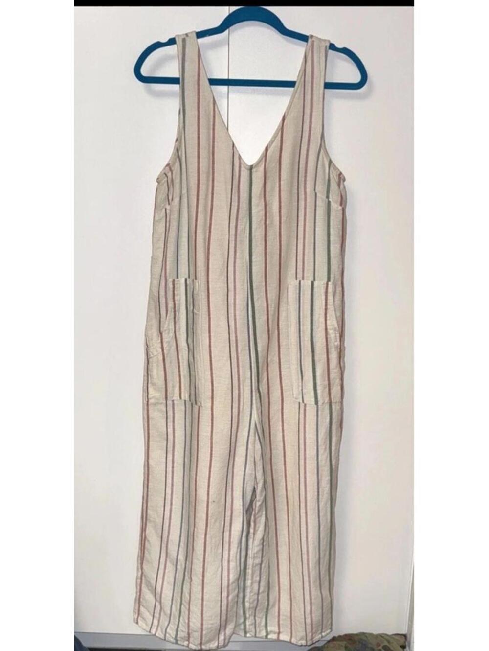 American Eagle wide leg linen blend jumpsuit medium patch pocket Rainbow